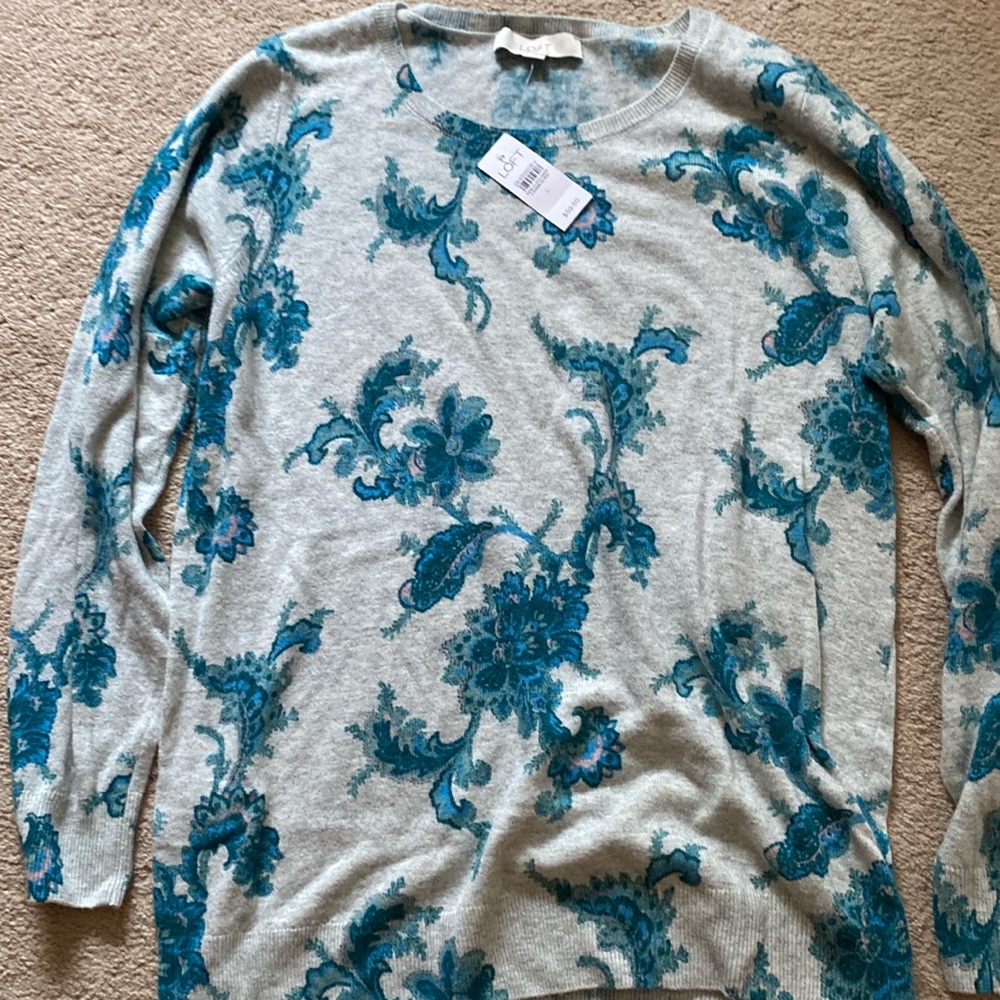 The Loft, teal and gray floral sweater